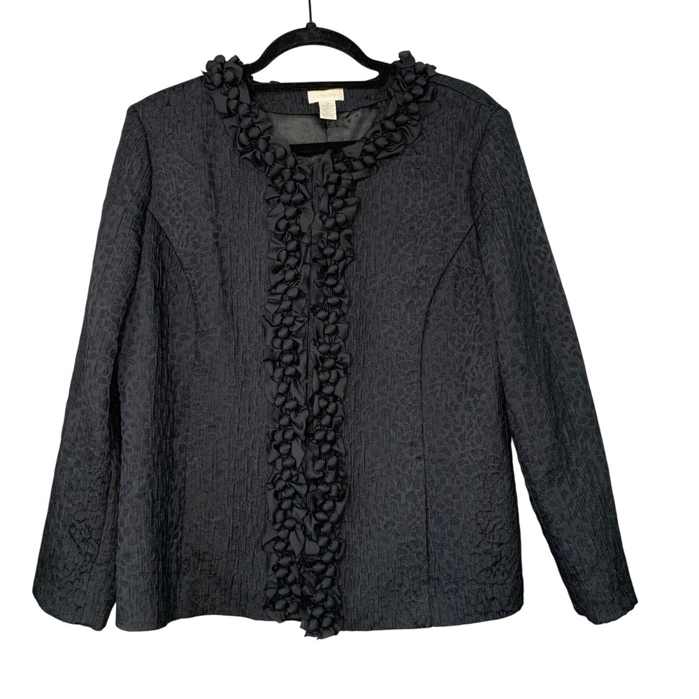 Chicos Black‎ Textured Ruffle Collar Jacket Size 2(12) L Evening Casual